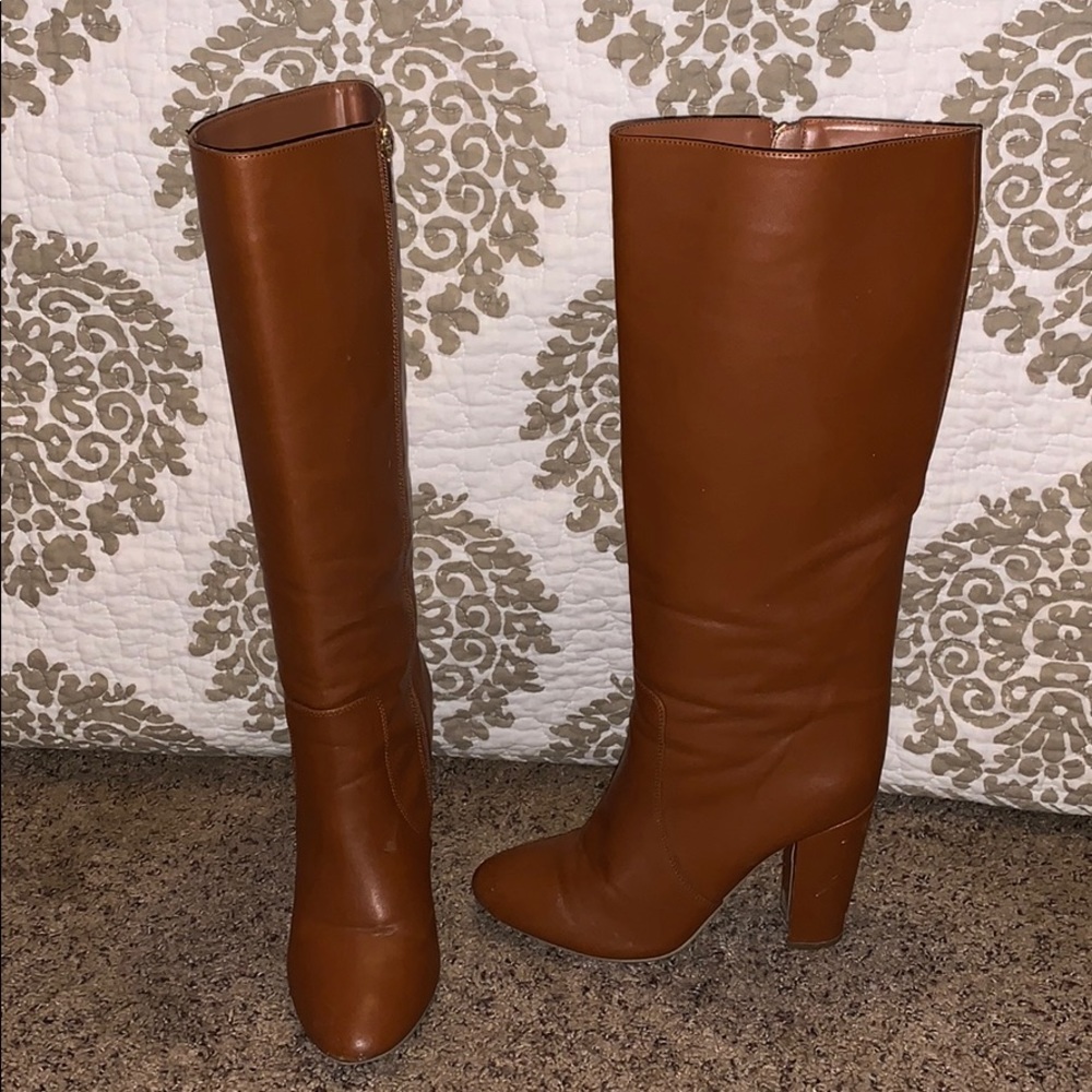 Chestnut brown heeled knee high boots